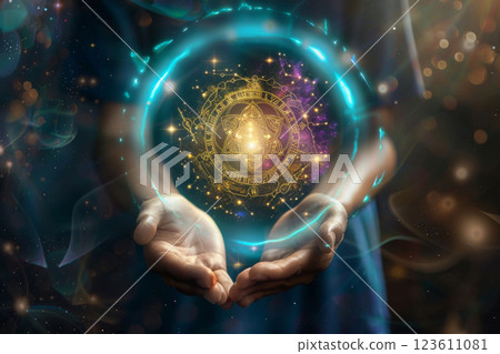 Zodiac wheel glowing in hands 123611081