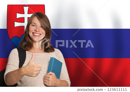 Pretty woman student against Slovak flag background. Travel, education and learn language concept Pretty woman student against Slovak flag background. Travel, education and learn language concept 123611111