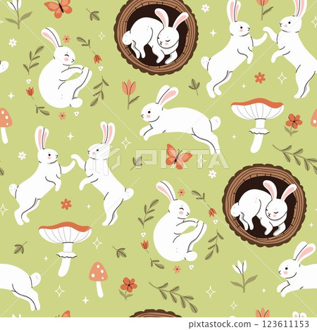Seamless pattern with cute forest white rabbits. Vector graphics. Seamless pattern with cute forest white rabbits. Vector graphics. 123611153