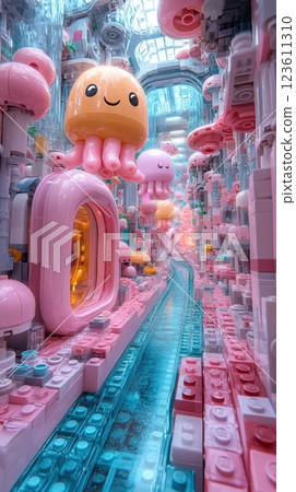 Smiling octopus floating in a pastel colored building made of toy bricks 123611310