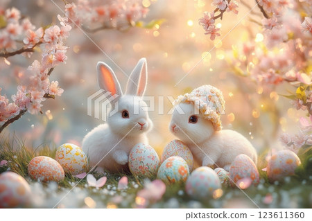 Two adorable white easter bunnies posing with decorated eggs in a blooming garden 123611360