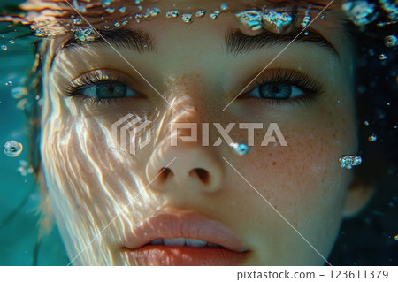 Beautiful woman with freckles posing underwater with air bubbles 123611379