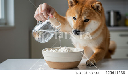 Shiba Inu pouring water into a bowl of flour 123611388