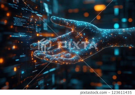 Digital hand interacting with futuristic interface, exploring virtual reality and data analysis 123611435