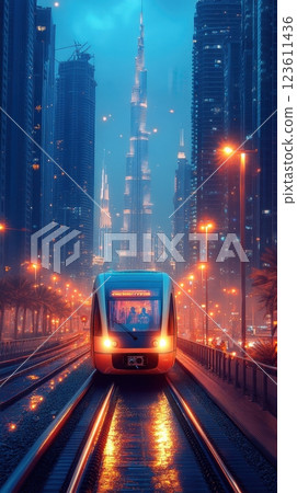 Futuristic tram passing by burj khalifa in dubai at dusk 123611436