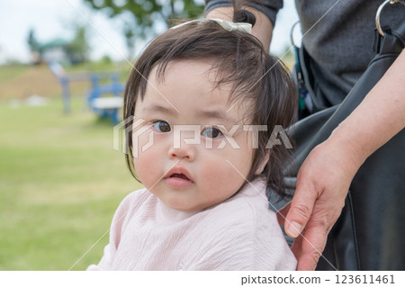 [Infant and toddler with grandmother in a large park] 123611461