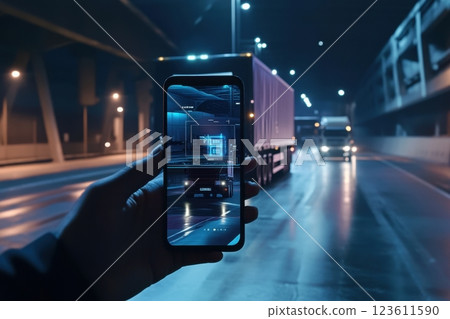 Logistics manager tracking truck on smartphone app at night 123611590