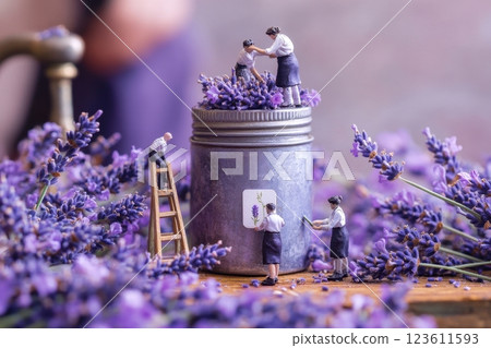 Miniature workers harvesting and processing lavender flowers 123611593