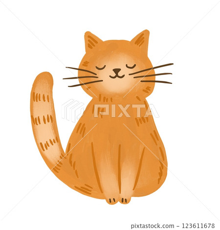 Hand drawn illustration of cute fat domestic orange cat, cheerful funny animal feline breed, pet shop art. Ginger red pet, nice fur, mammal cahrming symbol sign, kitty kitten. 123611678