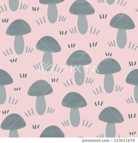 Hand drawn seamless pattern with pastel pink grey soft calm forest wood mushrooms. Woodland minimalist toadstool wild fungus fungi, nature poisonous plant organic season, nursery kids children design. 123611679