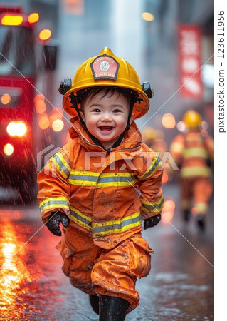 Happy baby running in firefighter costume with firetruck in background 123611956