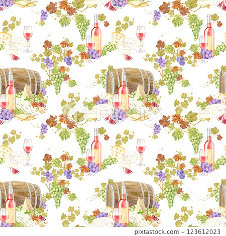 Seamless pattern with Pink wine and snack on a wooden barrel background. Bottle of light wine, glass of pink wine, grapes, brie and cheddar cheese, blue cheese with mold and figs. Watercolor. Seamless pattern with Pink wine and snack on a wooden barrel background. Bottle of light wine, glass of pink wine, grapes, brie and cheddar cheese, blue cheese with mold and figs. Watercolor. 123612023