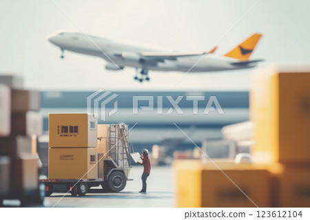 Logistics worker managing cardboard boxes with airplane taking off in background 123612104