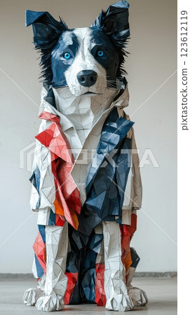 Low poly dog sculpture with bright colors and geometric shapes 123612119