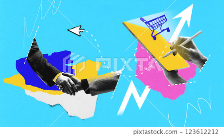 Strategic partnership growth. Handshake, shopping cart on tablet, cursor, and rising arrow. Collaboration and sales expansion Strategic partnership growth. Handshake, shopping cart on tablet, cursor, and rising arrow. Collaboration and sales expansion 123612212