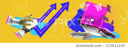 E-commerce growth. Hands interact with rising arrows, shopping cart, and laptop screen showcasing sales data, illustrating sales success. 123612245