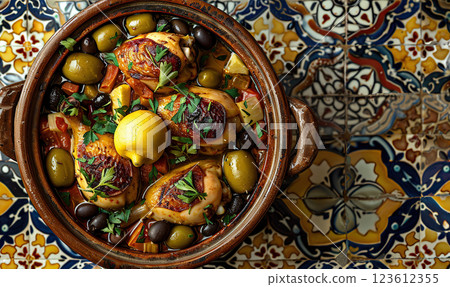 A close-up of a Moroccan chicken tagine with green olives and garnish. Generate AI 123612355