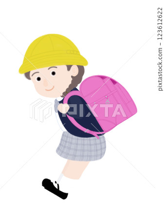 Elementary school girl carrying a school bag Elementary school girl carrying a school bag 123612622