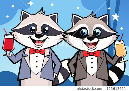 Two respectable raccoons in tailcoats at a cocktail party event Two respectable raccoons in tailcoats at a cocktail party event 123612631