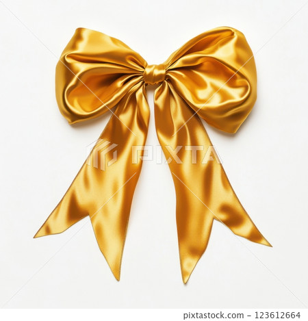 Beautifully knotted gold ribbon bow with a silky sheen, floating on a white background with hyper-realistic details, soft shadows, and rich reflective highlights. Perfect for elegant designs. 123612664