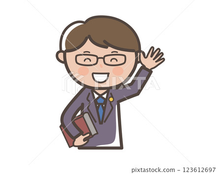 Upper body illustration of a male lawyer smiling and waving Upper body illustration of a male lawyer smiling and waving 123612697
