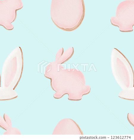 Easter seamless pattern,gingerbread cookies with icing,rabbits,eggs,rabbits ears in pastel colors.Delicate watercolor pattern on turquoise background for holiday,cards,wrapping,textiles Easter seamless pattern,gingerbread cookies with icing,rabbits,eggs,rabbits ears in pastel colors.Delicate watercolor pattern on turquoise background for holiday,cards,wrapping,textiles 123612774