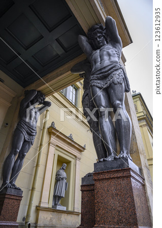 19 century sculptures of Atlanteans holding the portico of the Hermitage in St. Petersburg, Russia 19 century sculptures of Atlanteans holding the portico of the Hermitage in St. Petersburg, Russia 123612935
