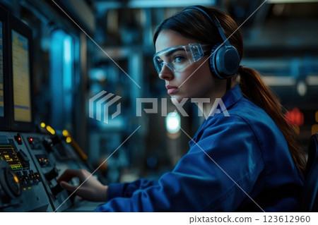Industrial female engineer working on control panel, monitoring production process 123612960