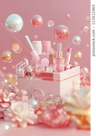 Luxurious pink cosmetics overflowing from gift box with floating bubbles Luxurious pink cosmetics overflowing from gift box with floating bubbles 123612965