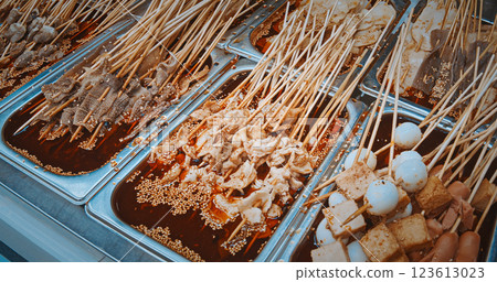 Chengdu, Sichuan, China. Beef Tripe On Skewers. Tripe Is Type Of Edible Lining From The Stomachs Of Various Farm Animals. Tripe Is Eaten In Many Parts Of The World. Tripe Soup Is Made In Many 123613023