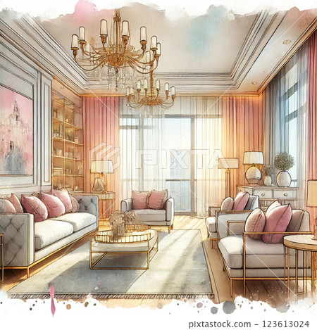 Illustration of a stylish living room for women, daytime 123613024