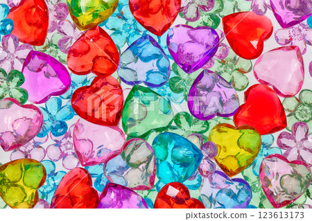 Transparent glass hearts and flowers background 123613173
