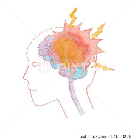 Watercolor illustration of a head with a headache 123613296