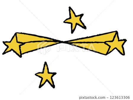 Hand drawn crayon illustration of yellow shooting stars for sticker, kid drawing style, art, tattoo, spring, summer, decoration, patch, brooch, shirt print, sign, symbol, emoji, night time 123613306