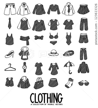 Clothes Related Doodle vector icon set. Drawing sketch illustration hand drawn line eps10 Clothes Related Doodle vector icon set. Drawing sketch illustration hand drawn line eps10 123613326