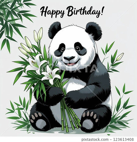 Happy Birthday! Cute Panda with Flowers.  123613408