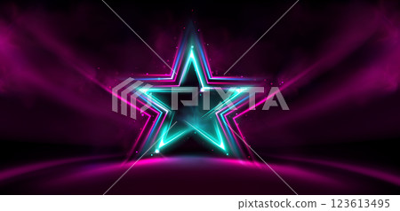 Neon star glowing on dark stage Neon star glowing on dark stage 123613495