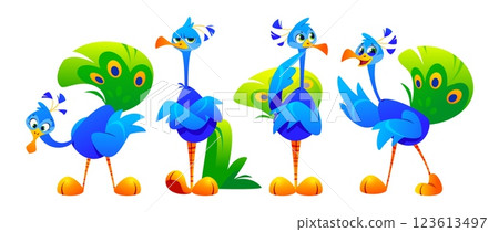 Cartoon peacock characters with cute expressions 123613497