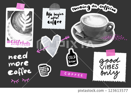 Coffee collage board, halftone cappucino cup, instant photo taped on wall, funny handwritten quotes and text. Cafe sticker set 123613577