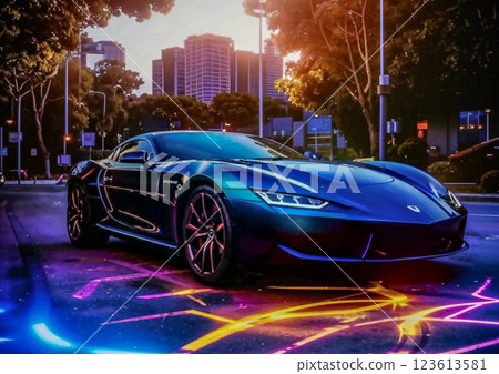Sports car on a city street. Bright modern luxury car in dark blue. AI generated. 123613581
