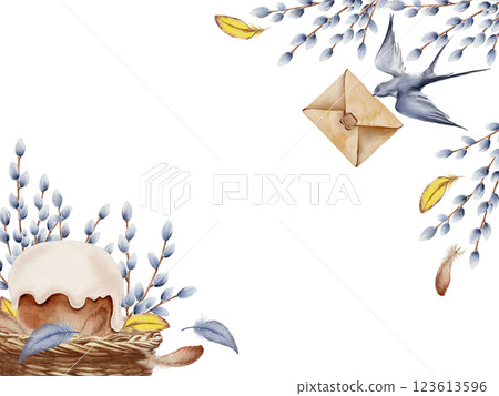 Easter card template with wicker basket, Easter cake,willow branches,feathers,swallow bird with vintage news envelope and sealing wax seal.Hand-drawn watercolor illustration on transparent background Easter card template with wicker basket, Easter cake,willow branches,feathers,swallow bird with vintage news envelope and sealing wax seal.Hand-drawn watercolor illustration on transparent background 123613596