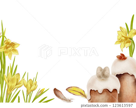 Easter template,watercolor daffodils,crocuses,Easter cakes,almonds,quail eggs,yellow and brown feathers.Soft pastel tones,hand-painted design on transparent background for holiday,cards,festive 123613597
