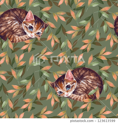 Seamless pattern with cute sleepy cat. Green grass background 123613599