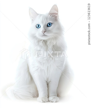 Fluffy white cat with striking blue eyes sitting gracefully on a light background Fluffy white cat with striking blue eyes sitting gracefully on a light background 123613619