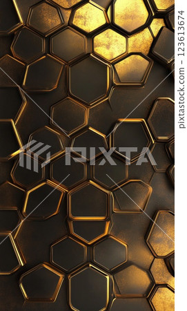 Intricate honeycomb pattern with golden tones against a dark background showcasing modern design elements 123613674