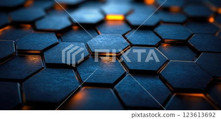 Hexagonal patterns create a dynamic visual with contrasting colors and textures in a modern design setting 123613692