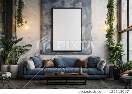 Modern living room design with a large blank canvas and minimalist decor in a stylish urban setting 123613697