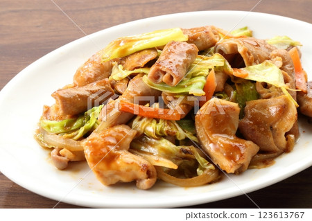 Stir-fried horumon and vegetables 123613767