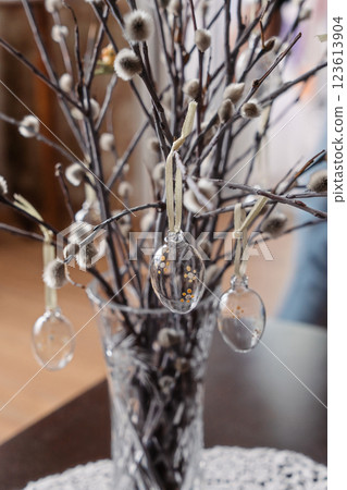 Willow Sunday arrangement in crystal vase celebrates peaceful spring devotion, willow branches highlighting seasonal reverence, willow essence reflecting cherished holiday orthodox tradition Willow Sunday arrangement in crystal vase celebrates peaceful spring devotion, willow branches highlighting seasonal reverence, willow essence reflecting cherished holiday orthodox tradition 123613904