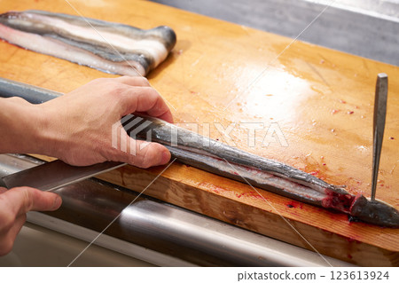 Chef preparing eel Chef preparing eel 123613924